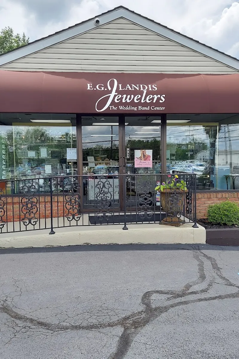 E.G. Landis Jewelers storefront in Gilbertsville, showcasing fine jewelry and wedding bands. Visit for engagement rings!