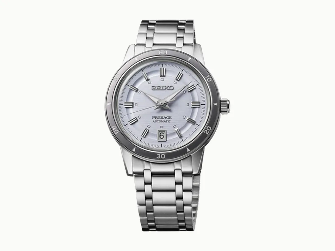 Seiko Presage automatic watch with silver dial and stainless steel bracelet. Click to explore more watches.