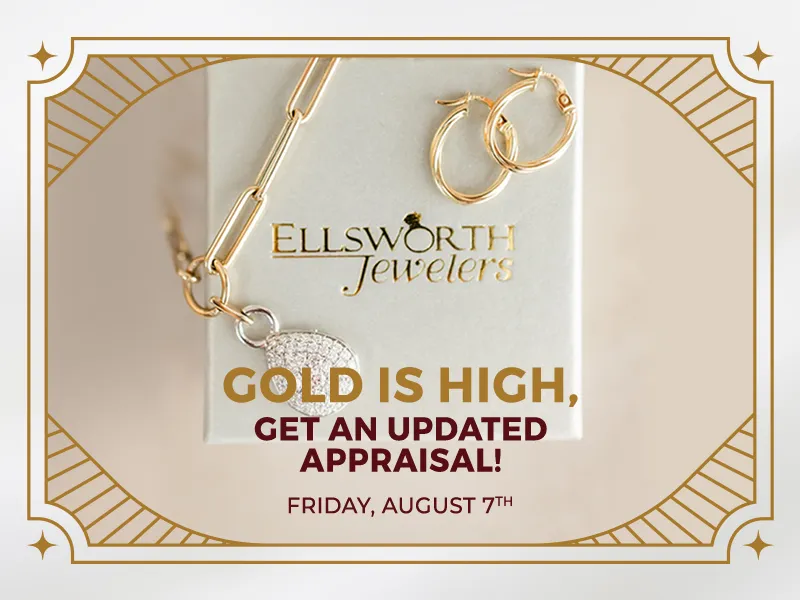 Jewelry appraisal event banner with gold jewelry and Ellsworth Jewelers logo.