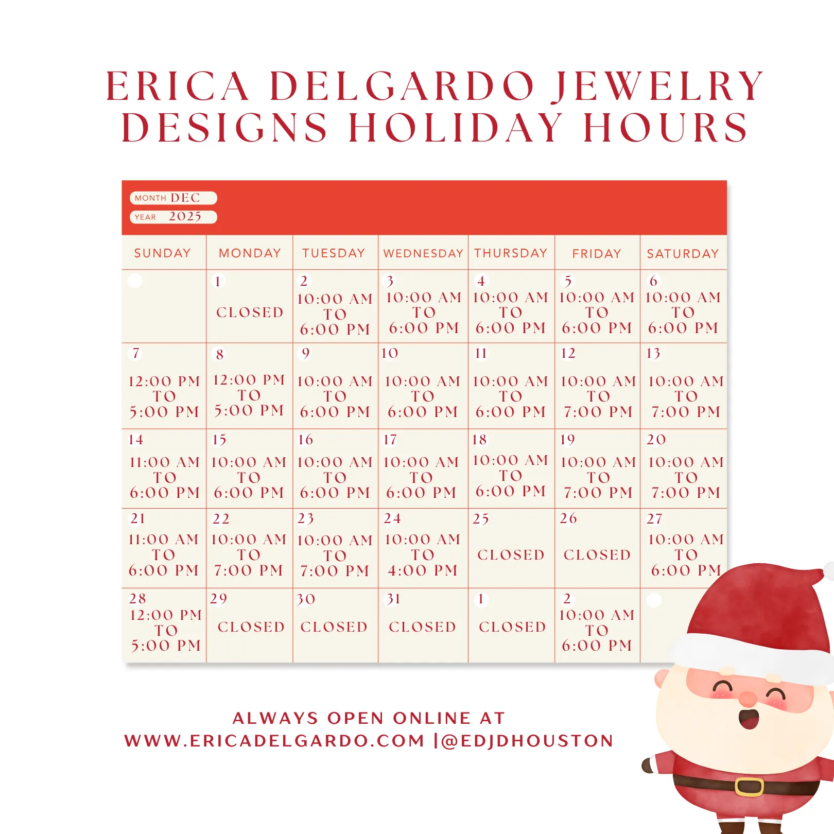 Erica DelGardo Jewelry Designs holiday hours calendar for December 2023, featuring Santa illustration. Visit online at ericadelg