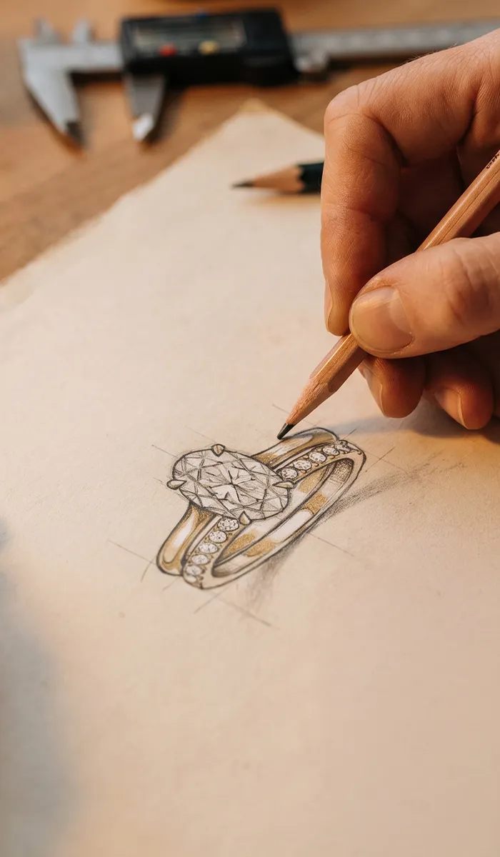 Sketch of a diamond ring being drawn by hand, with tools nearby. Click to start a project.