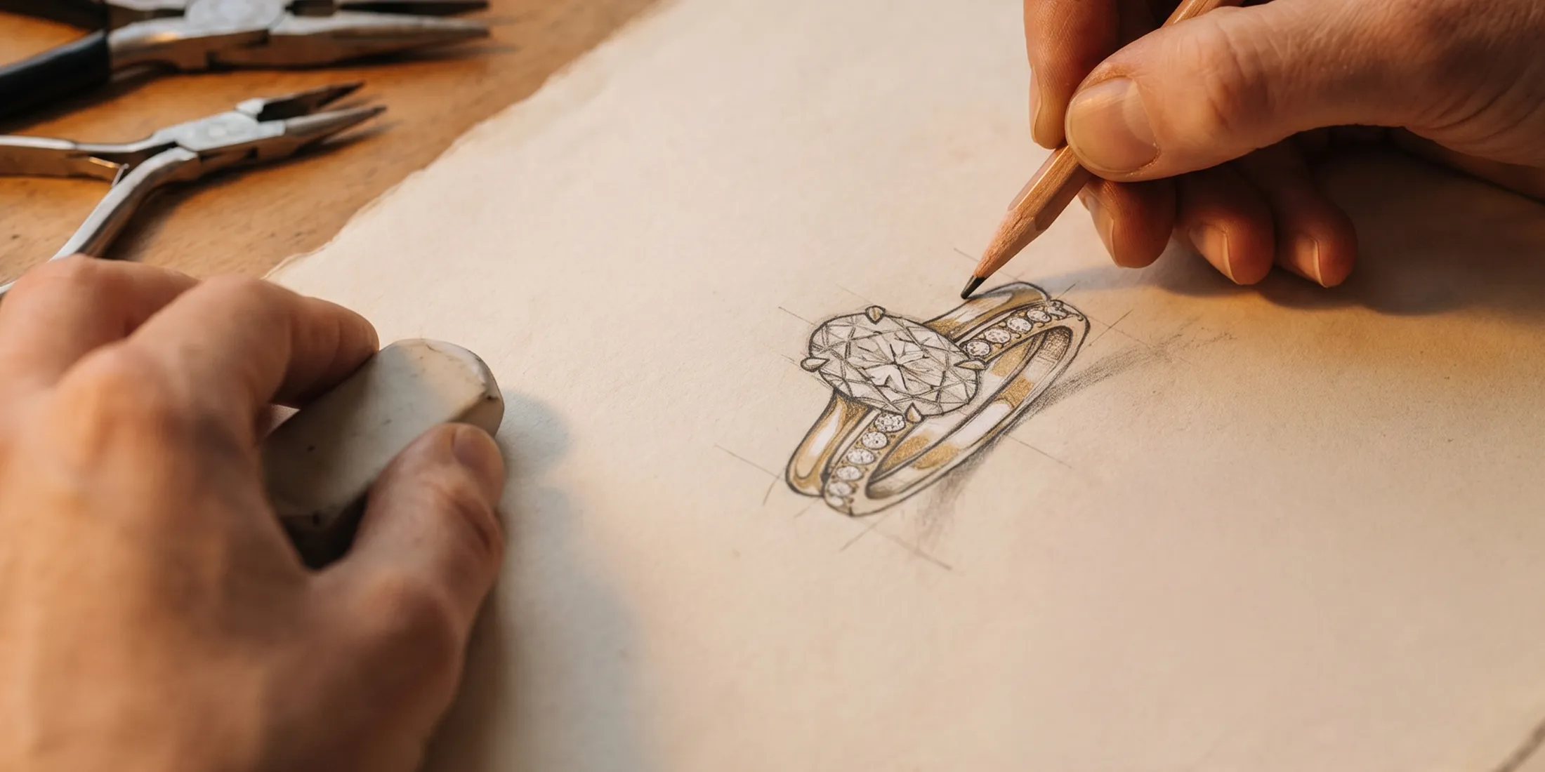 Sketch of a diamond ring being drawn by hand, with tools nearby. Click to start a project.