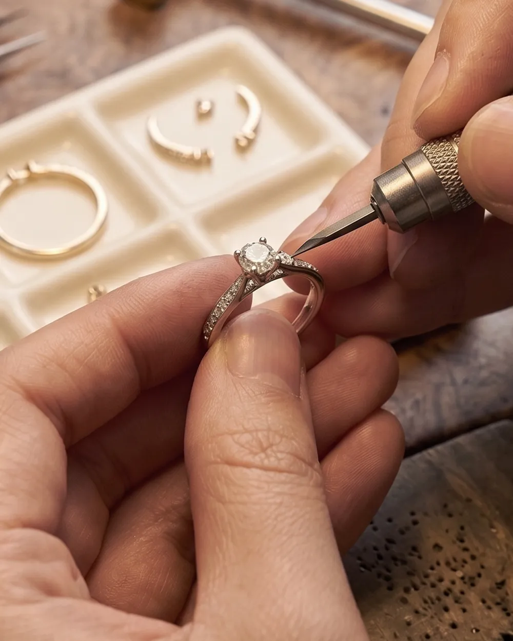 Jeweler working on a diamond ring with tools. Learn more about heirloom redesign at Erley Diamonds.