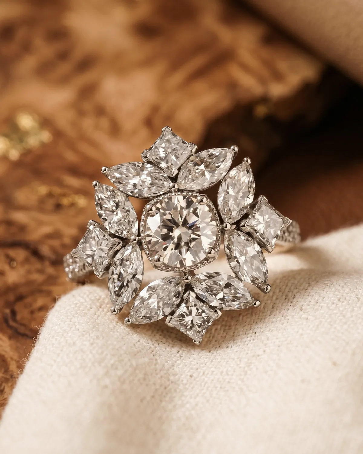 Exquisite diamond ring with central round stone and surrounding marquise and square diamonds on a fabric background.