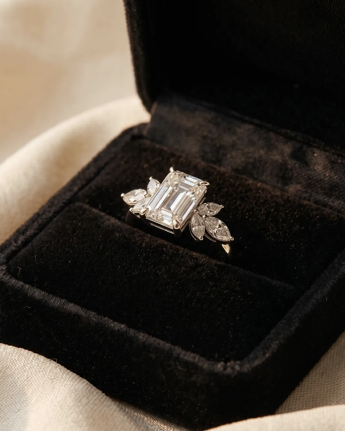 Emerald-cut diamond ring with marquise accents in a black velvet box.