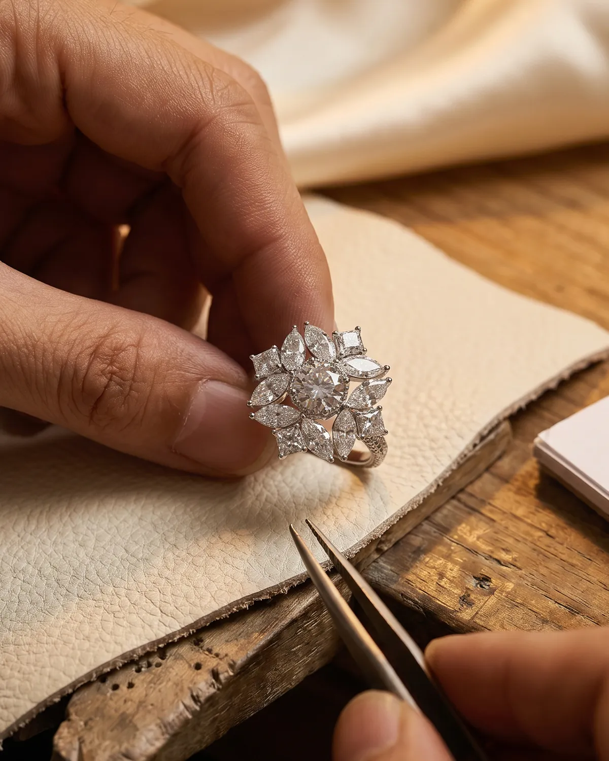 Hands holding a diamond ring with tweezers on a wooden table.