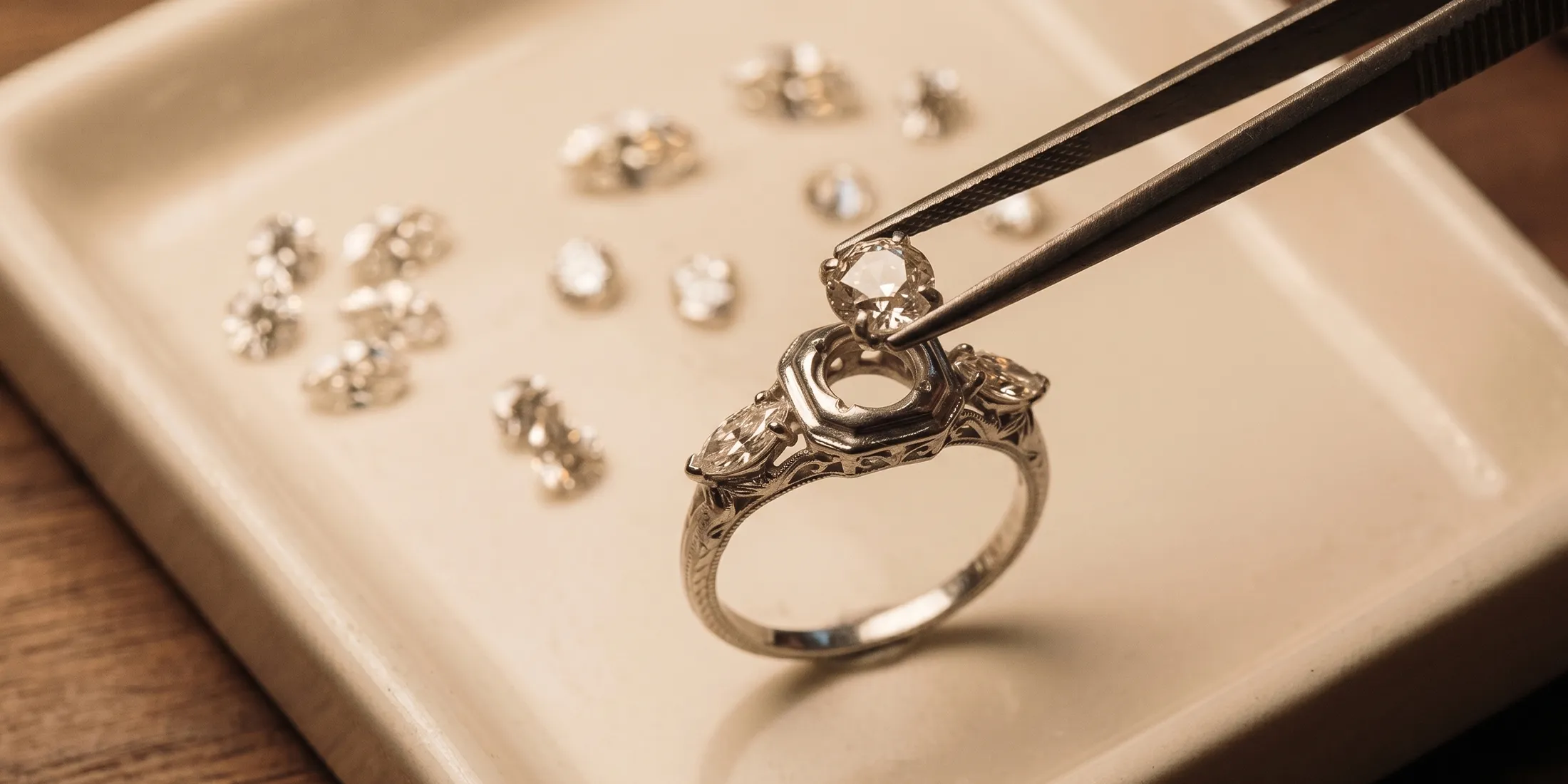 Jeweler setting a diamond in a ring with tweezers.