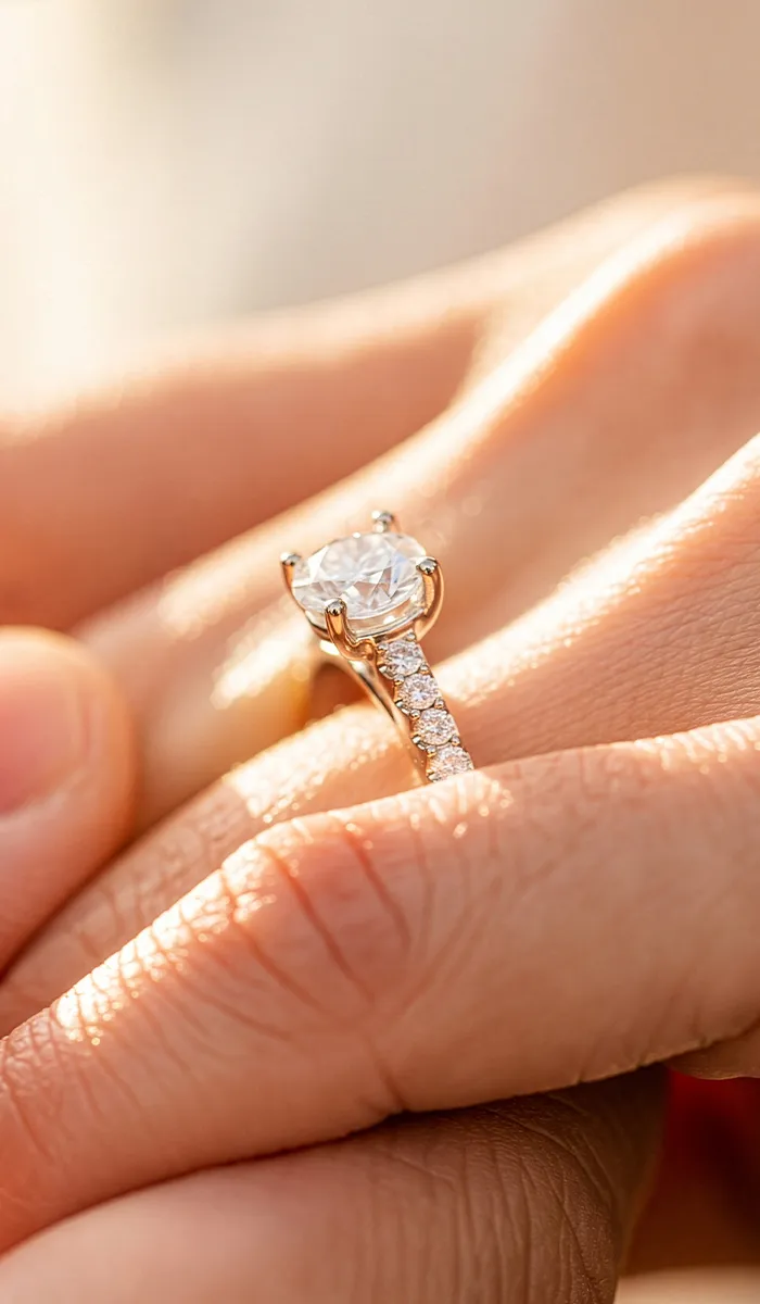 A close-up of a hand wearing a diamond engagement ring. Learn more about Erley Diamonds.