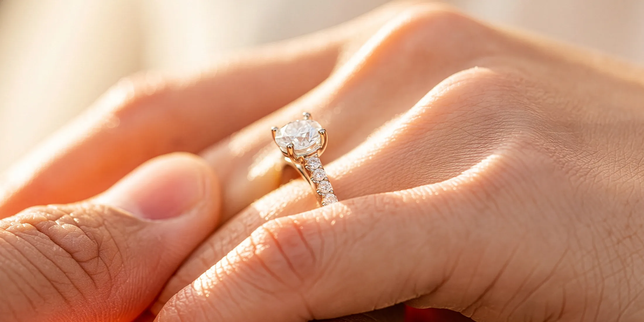 A close-up of a hand wearing a diamond engagement ring. Learn more about Erley Diamonds.