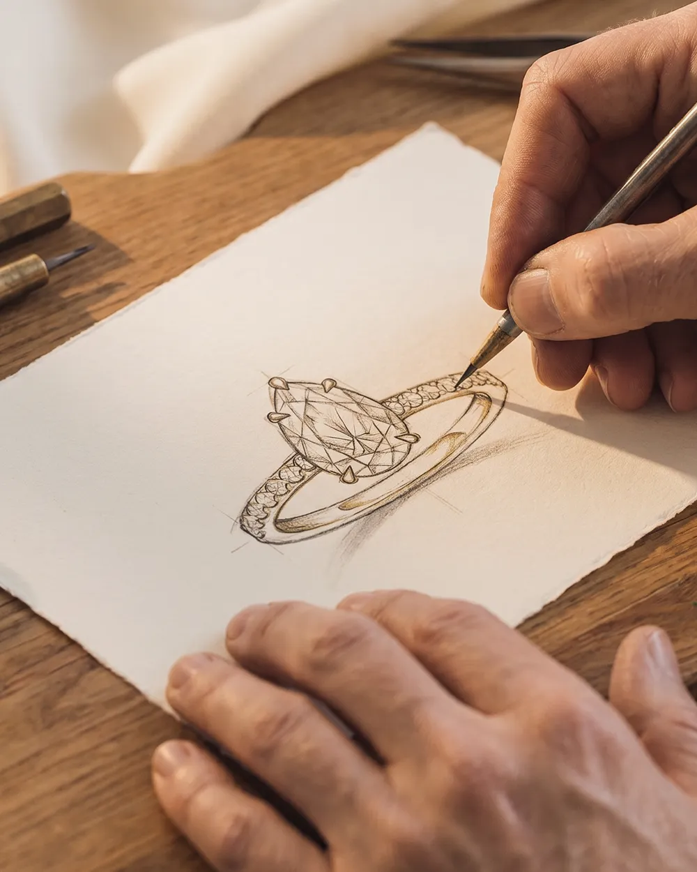 Sketch of a diamond ring being drawn by hand on paper. Book a Consult at Erley Diamonds.