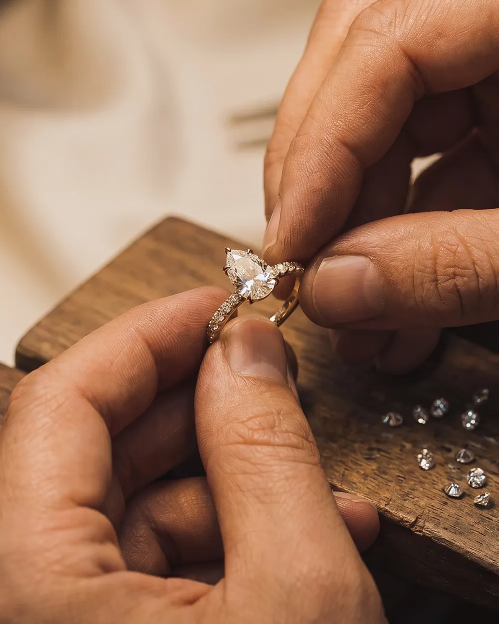 Hands crafting a diamond ring with precision.