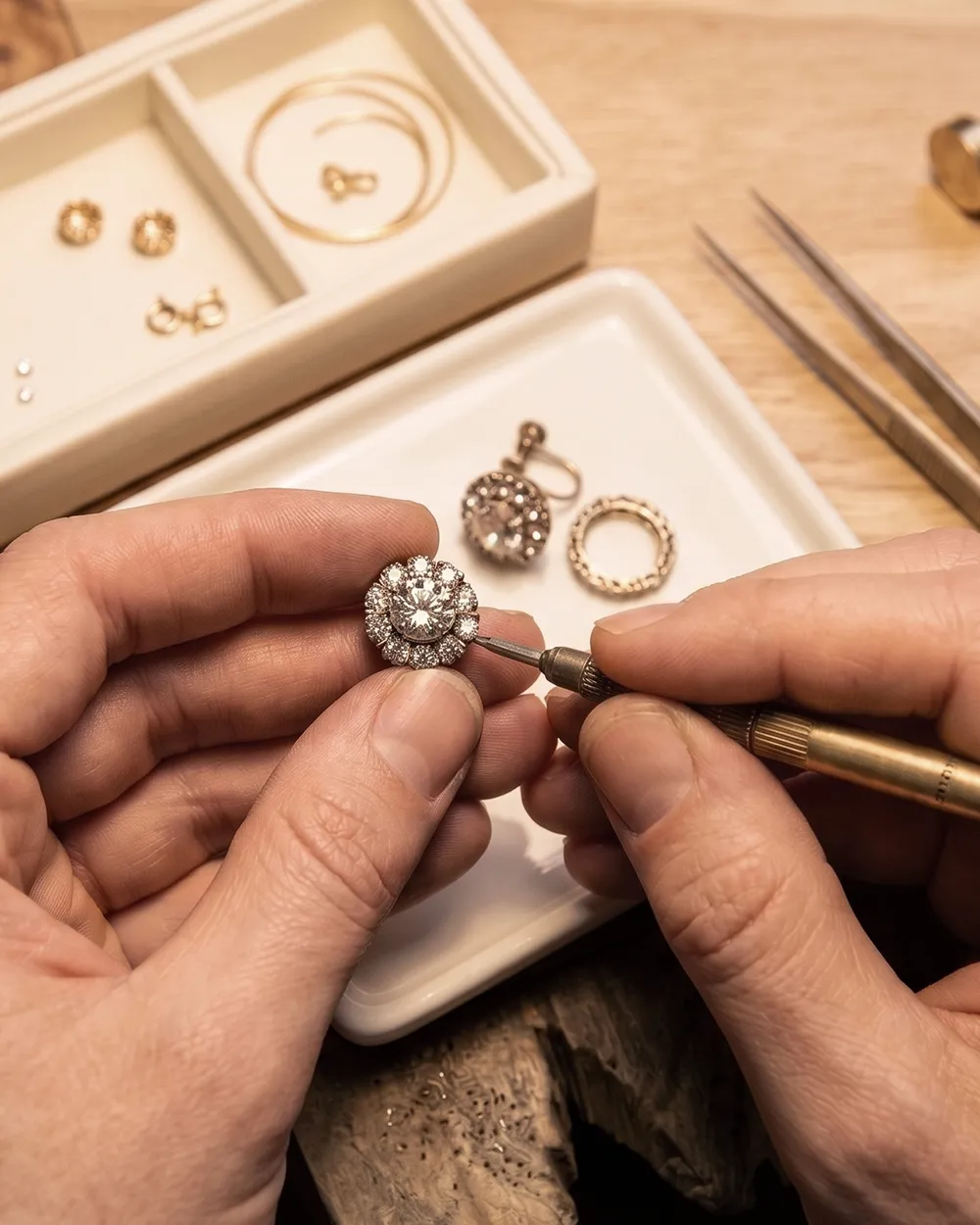 Jeweler working on a diamond piece with tools; click to learn more about redesign and restoration.
