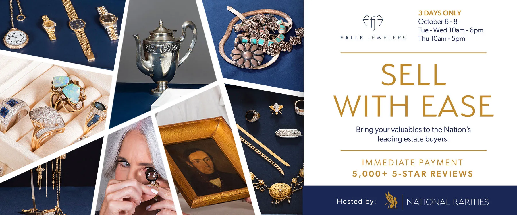 Promotional banner for Falls Jewelers offering a complimentary vacation with purchase, featuring cruise and city images.
