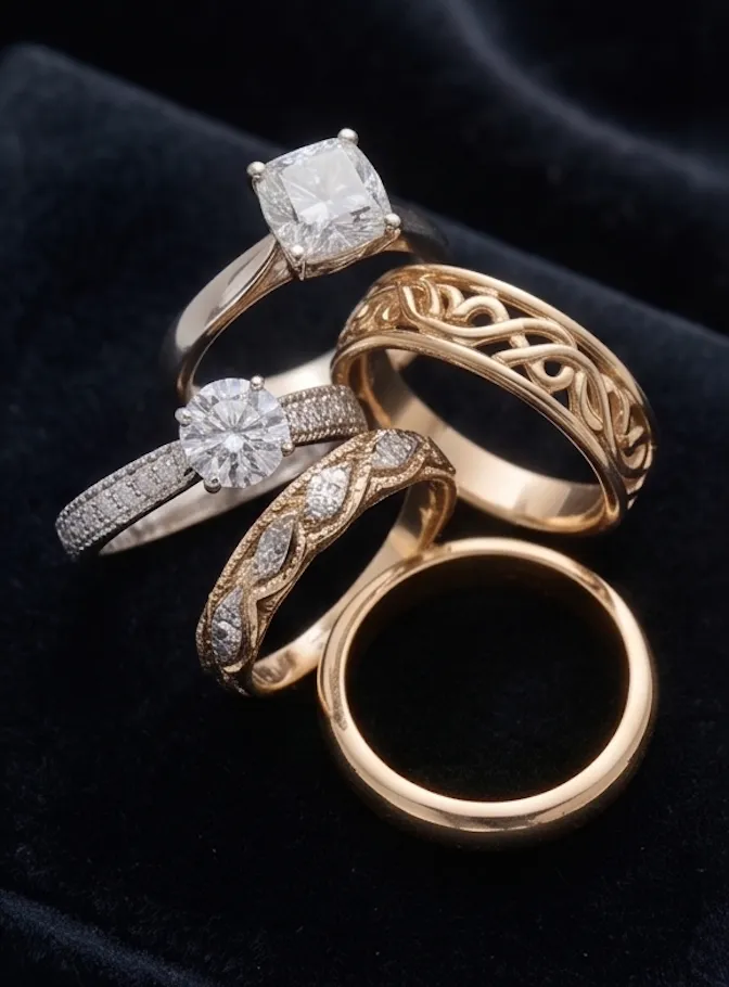 Gold and diamond rings on a white background