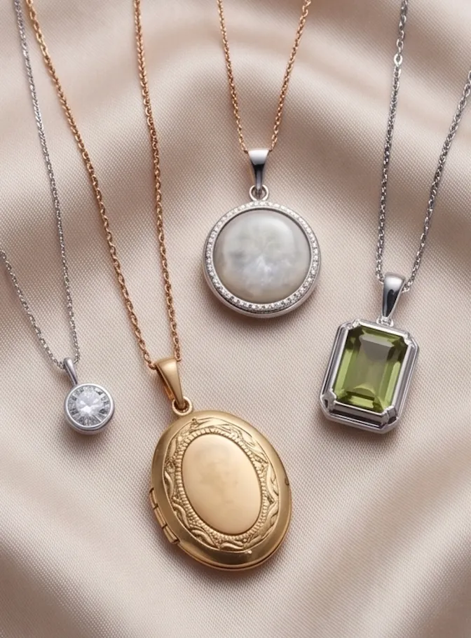 Gold pendants and necklaces on a white background