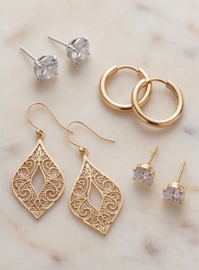 Gold and gemstone earrings on a white background