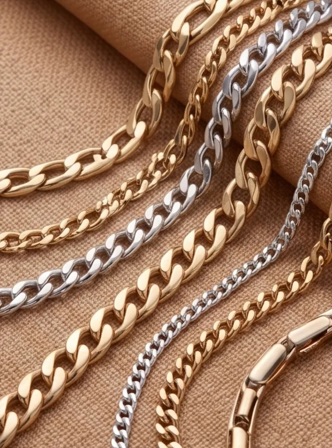Gold chains and bracelets on a white background