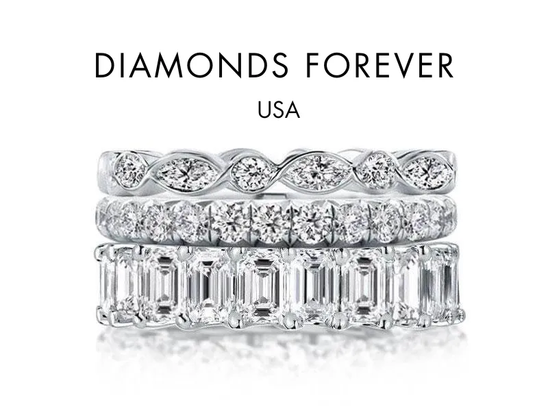 Three elegant diamond wedding bands from Diamonds Forever, USA. Click to shop Diamonds Forever Bands at Falls Jewelers.