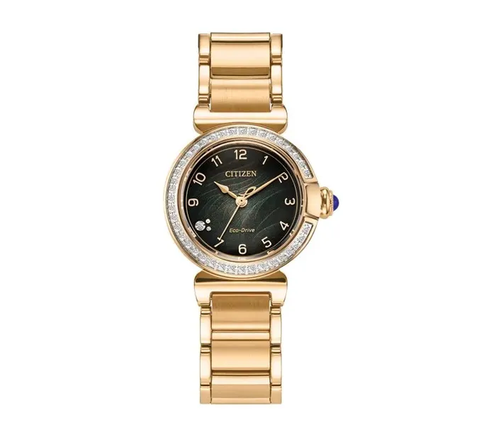 Gold Citizen Eco-Drive watch with a black dial and diamond accents.