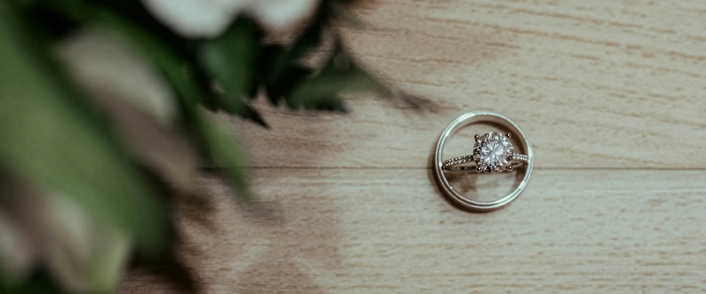 Engagement ring and wedding band displayed on a wooden surface, surrounded by greenery.