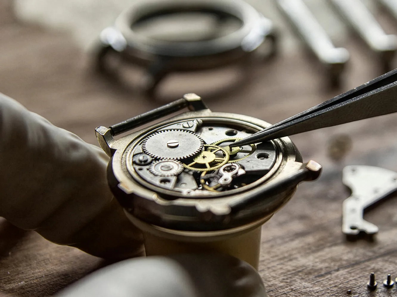 Close-up of a watch repair, showing intricate gears being adjusted with tweezers. Visit Flora Gems for watch services.