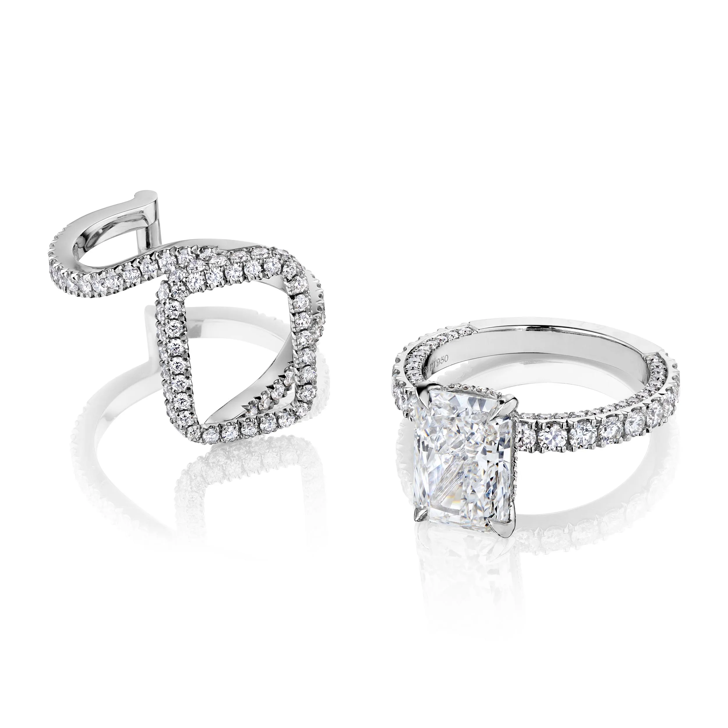 Radiant diamond engagment ring pictured with a radiant halo jacket addon