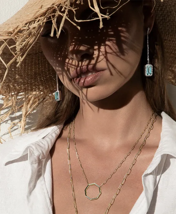 Model wearing elegant jewelry with a straw hat, showcasing earrings and layered necklaces. 