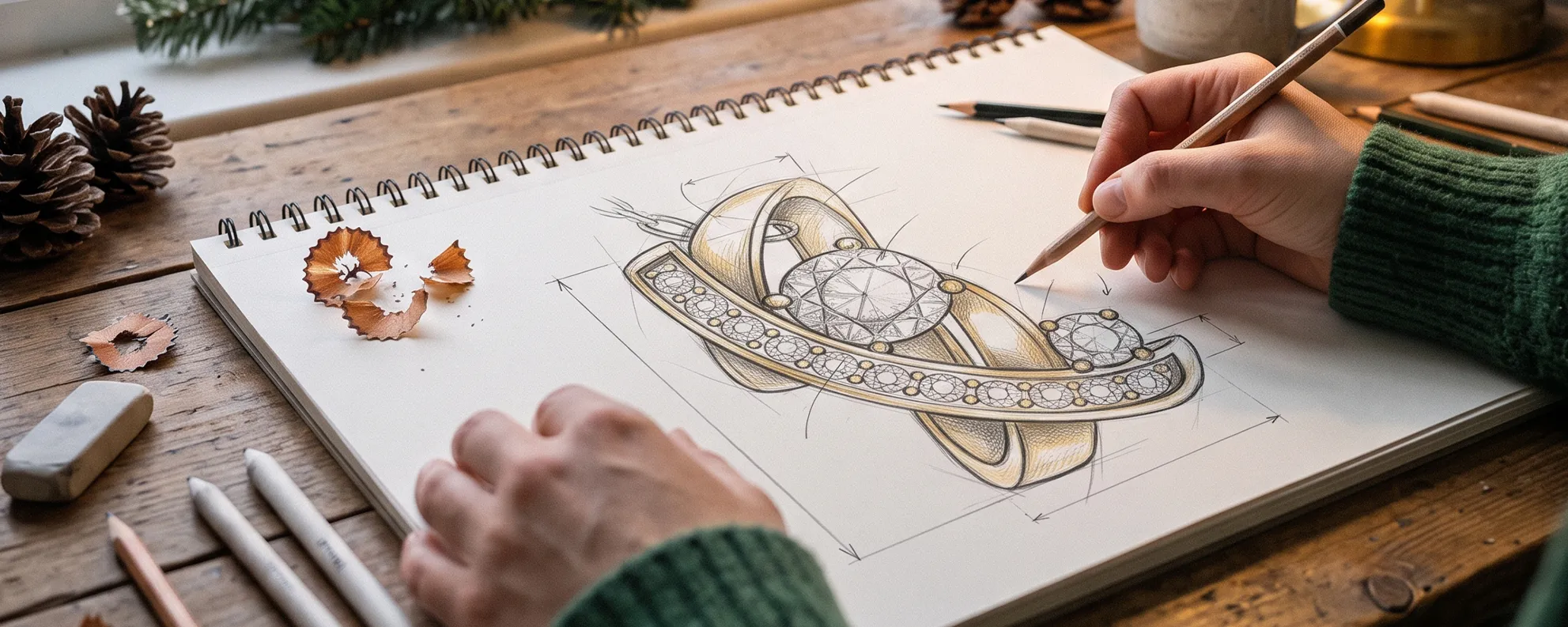A person sketching an intricate jewelry design on a notepad, surrounded by pencils and pinecones.