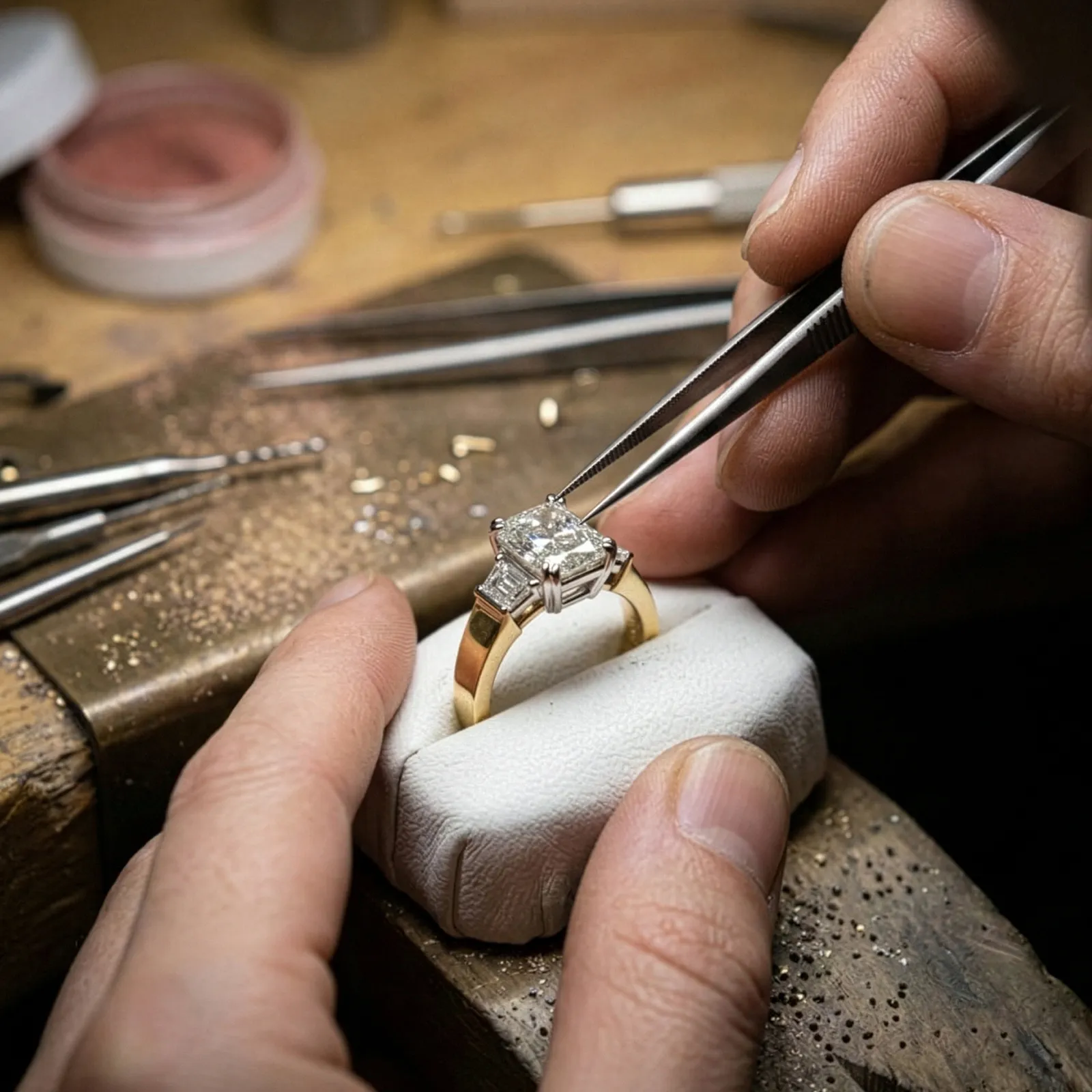 Jeweler setting a diamond on a gold ring using tweezers at a workbench.
