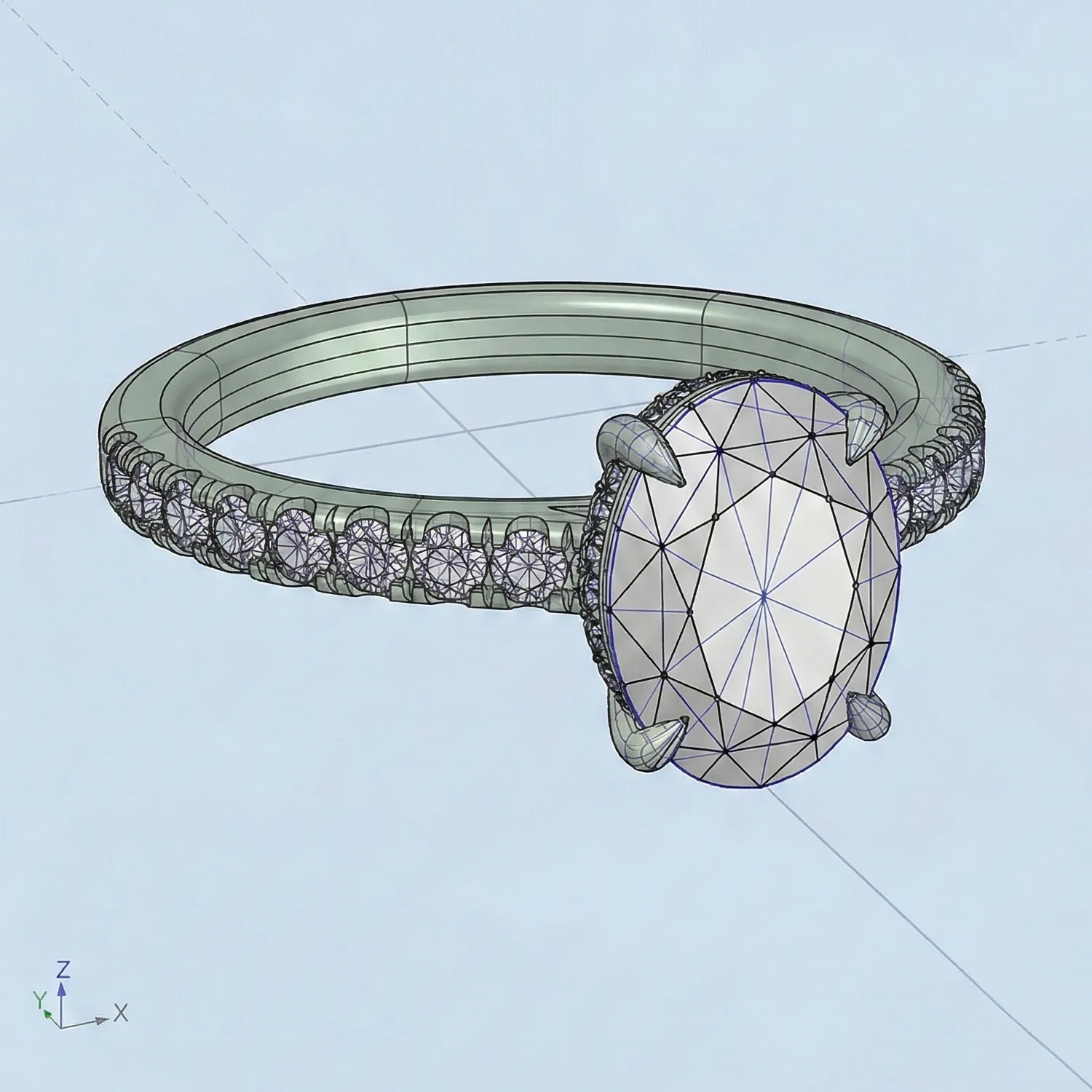 3D model of an engagement ring with a large central stone and smaller stones on the band.