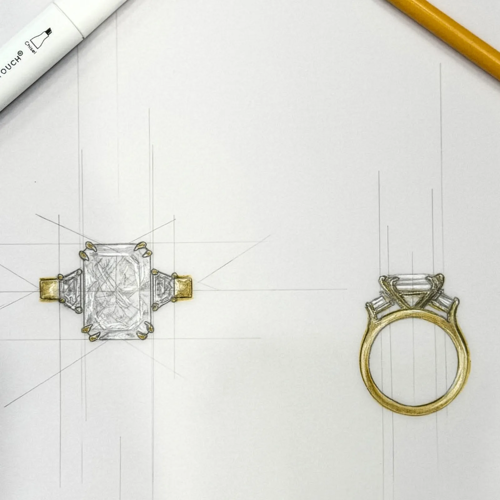 A hand sketches a ring design on paper, with a gold ring placed nearby.