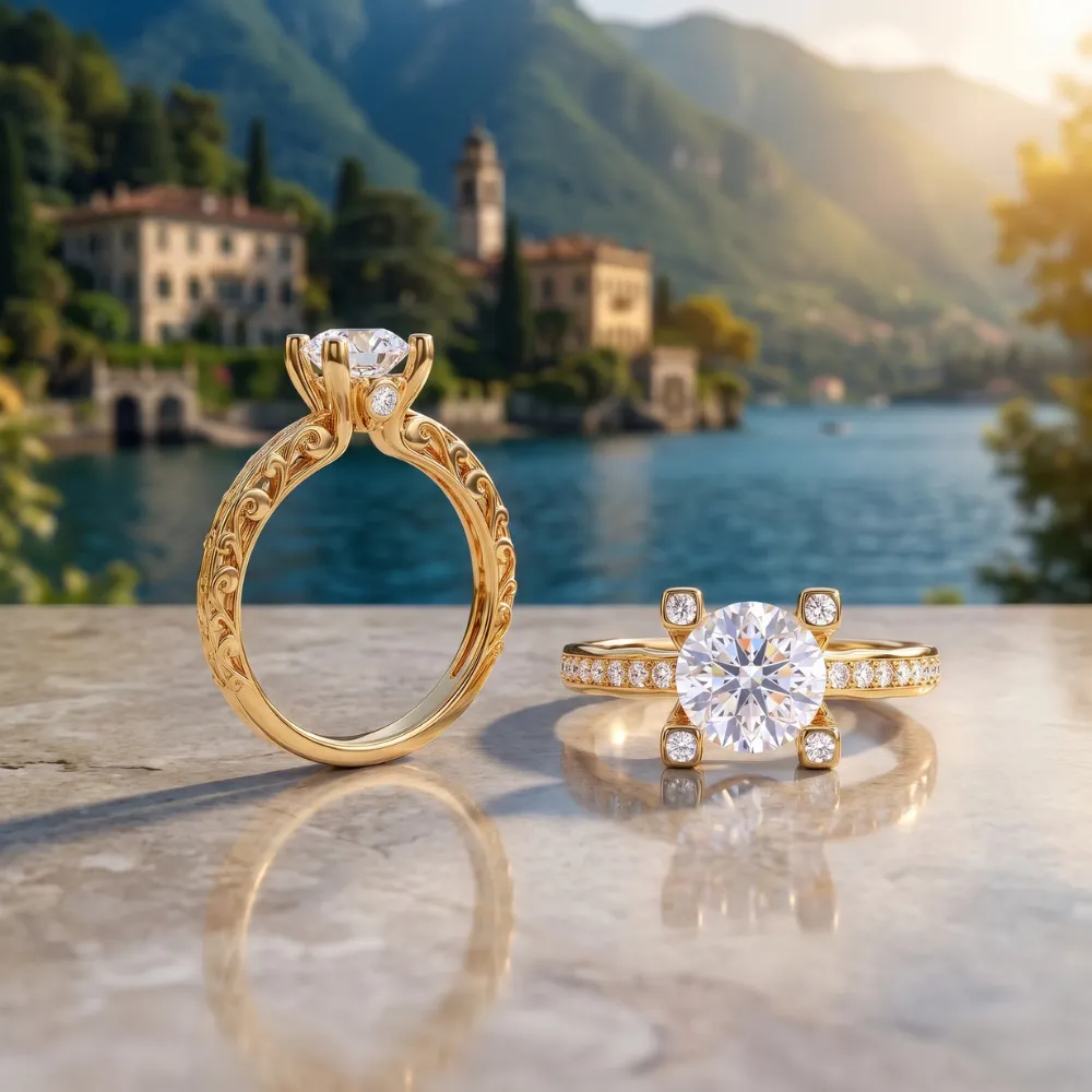 Geneva Jewelry storefront in Riverside, featuring a fountain and greenery, with an
