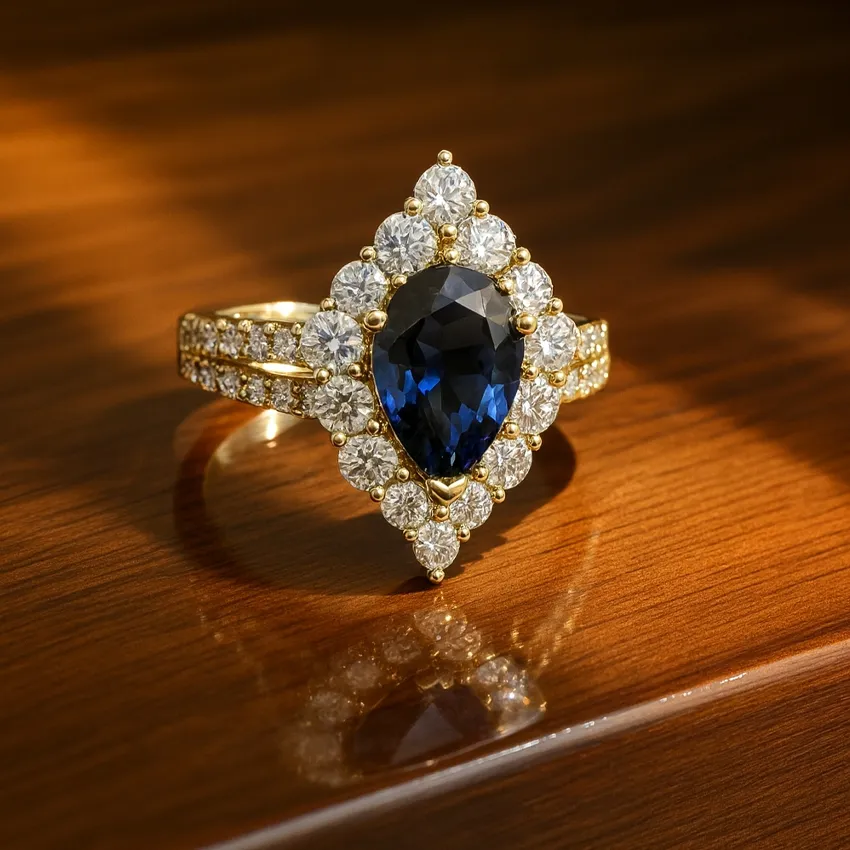 Elegant gold ring featuring a pear-shaped blue sapphire surrounded by sparkling diamonds.
