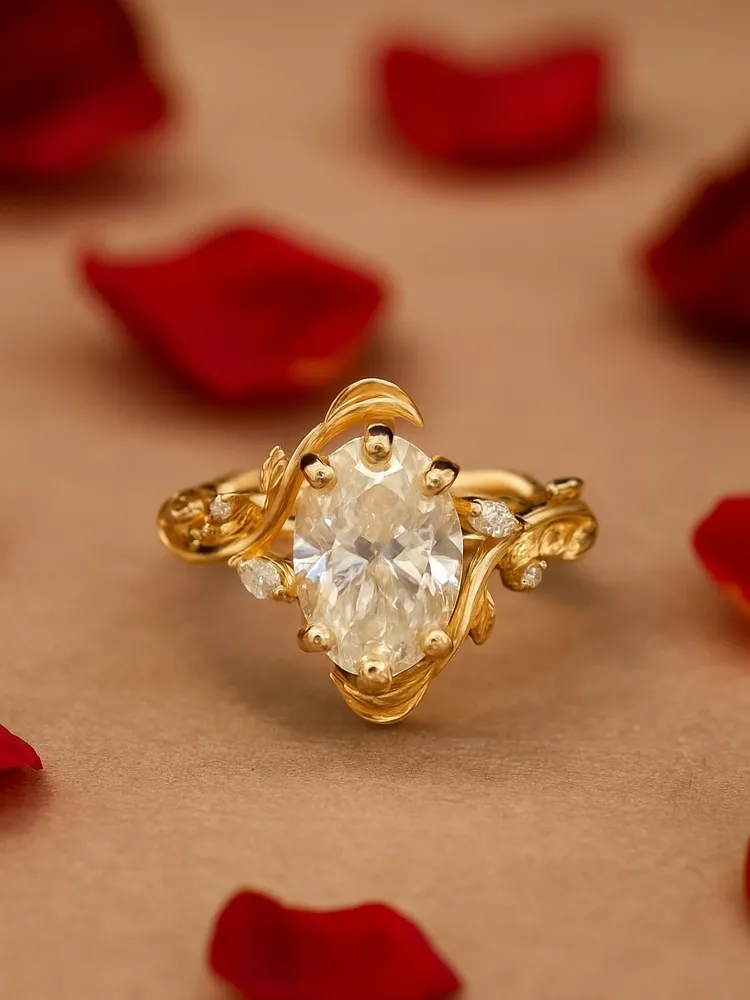 Elegant gold ring with an oval stone, surrounded by floral designs, set on a background of rose petals.