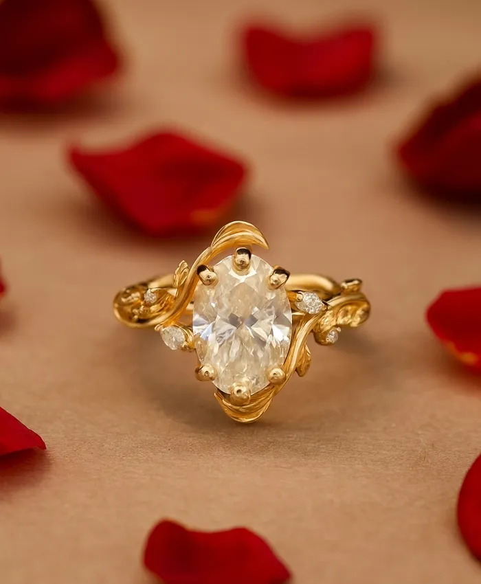 Elegant gold ring with an oval stone, surrounded by floral designs, set on a background of rose petals.