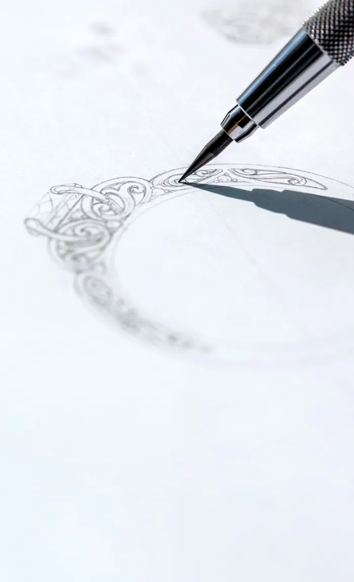 Sketch of an ornate ring design with a pen, showcasing intricate details for custom jewelry.