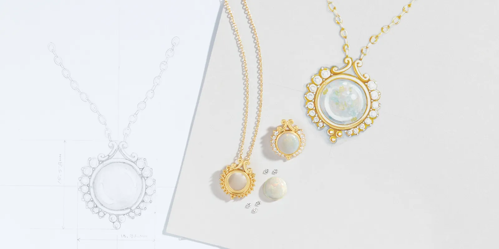 Gold jewelry designs including a necklace and earrings, alongside a sketch of the necklace.
