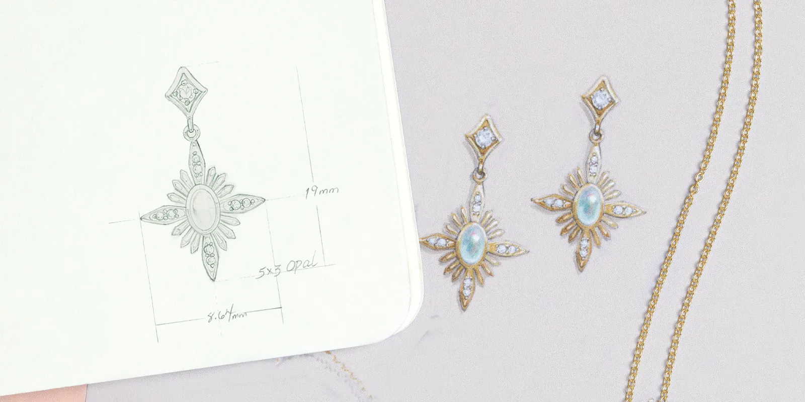 Sketch of a star-shaped earring design with opal and diamond accents, next to the finished earrings.