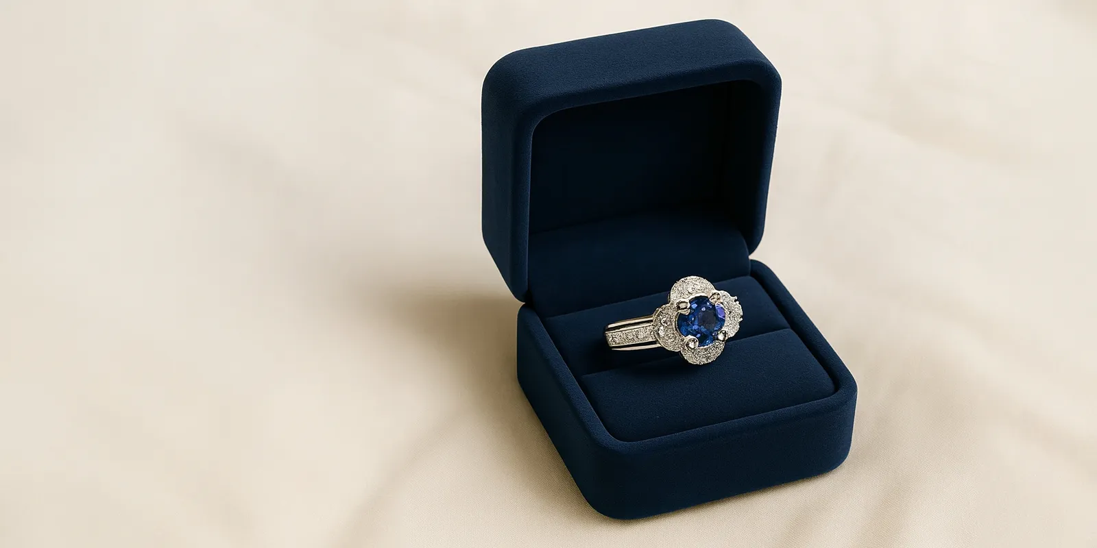 Sapphire engagement ring in a navy velvet box, displayed elegantly on a soft background.