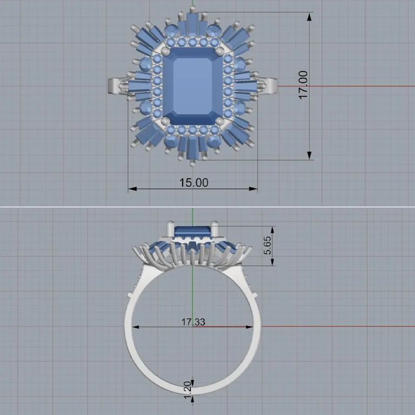 Blue gemstone ring design with intricate detailing, dimensions 15x17mm, showcasing elegance for Geneva Jewelry in Riverside.