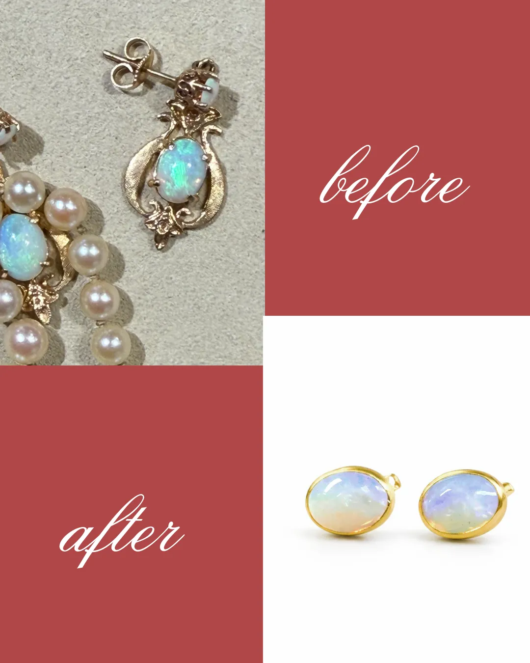  Vintage opal earrings, beautifully redesigned into modern bezel-set styles to be worn and loved again. George Press Jewelers Livingston, NJ