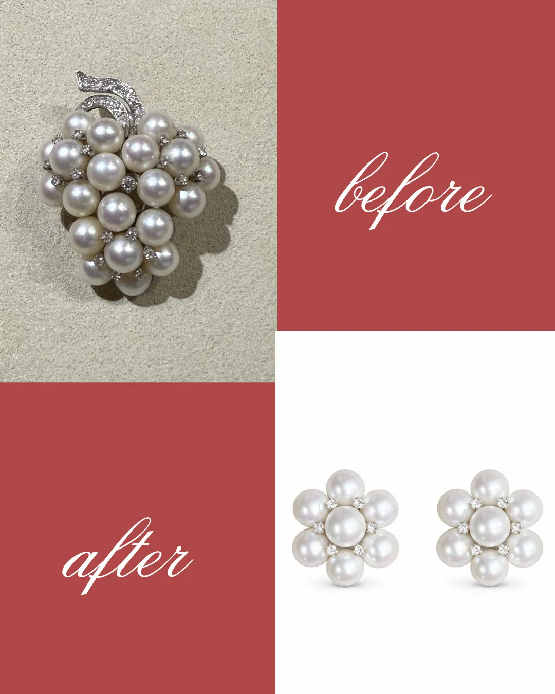  An heirloom pearl grape brooch, transformed into elegant floral pearl earrings. George Press Jewelers Livingston, NJ