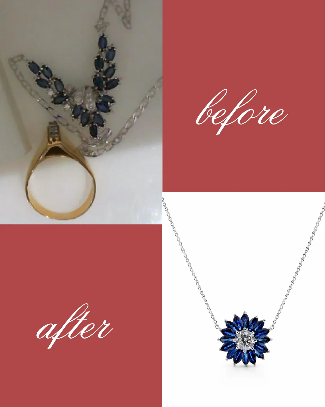  An heirloom sapphire necklace and diamond ring, beautifully reimagined into a diamond and sapphire necklace to be worn and loved for years to come. George Press Jewelers Livingston, NJ