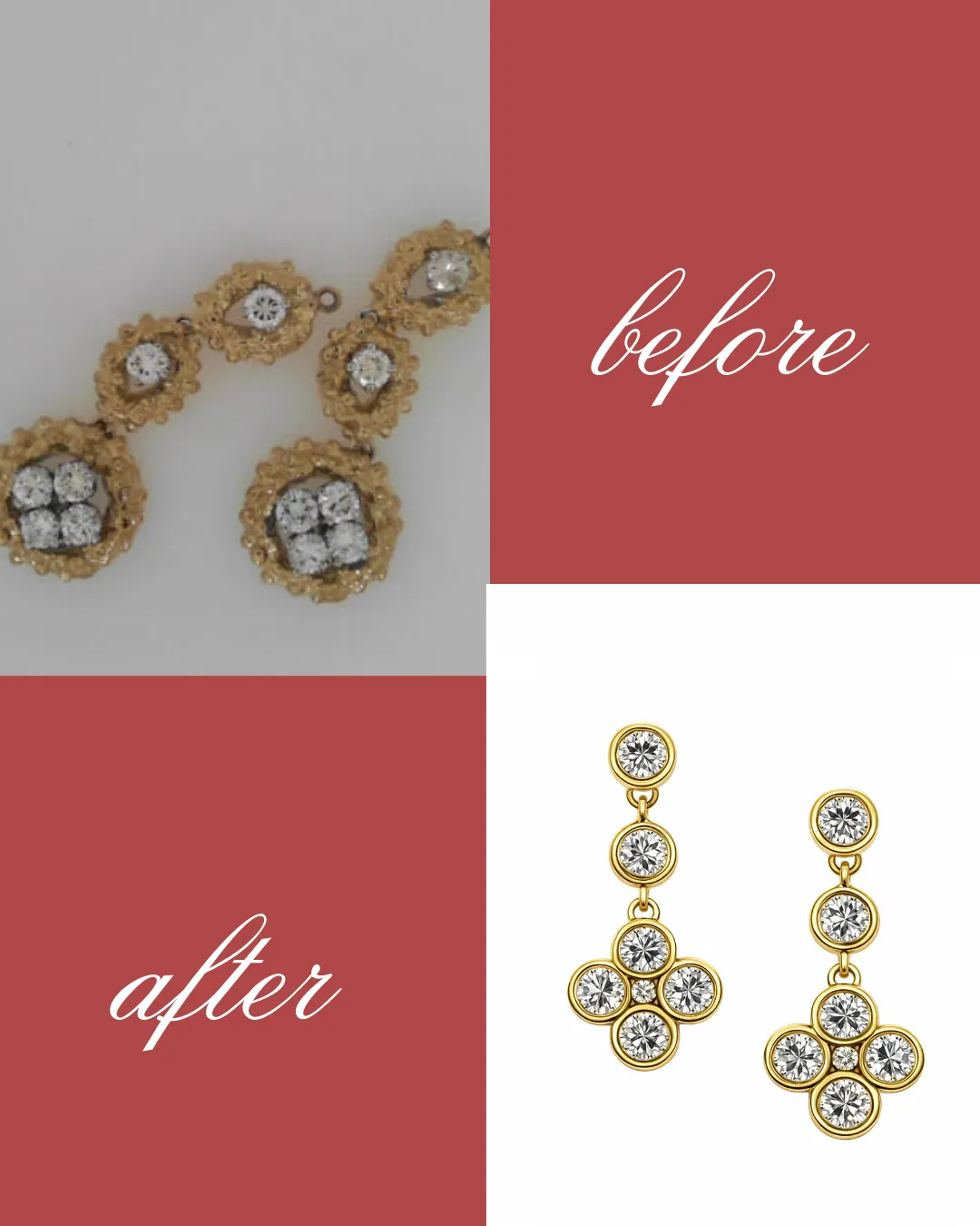  Vintage diamond and gold earrings, thoughtfully modernized by preserving the original layout while adding bezel-set diamonds for a refined, updated look. George Press Jewelers Livingston, NJ