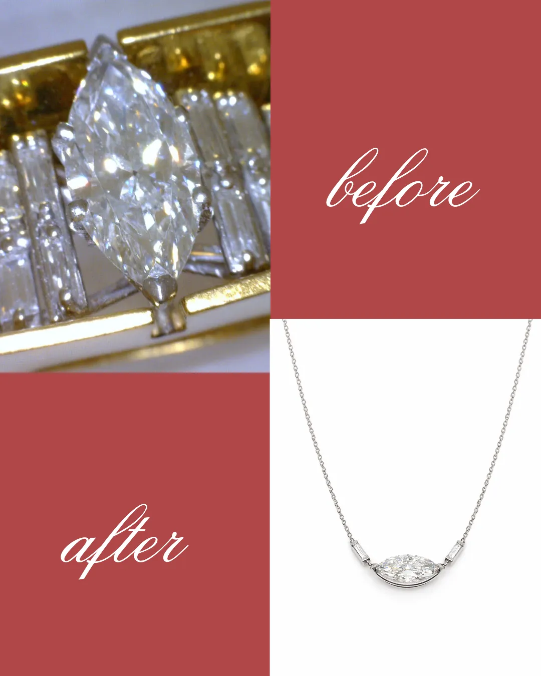  A vintage marquise and baguette ring transformed into an east-west diamond necklace design with baguette accents. George Press Jewelers Livingston, NJ