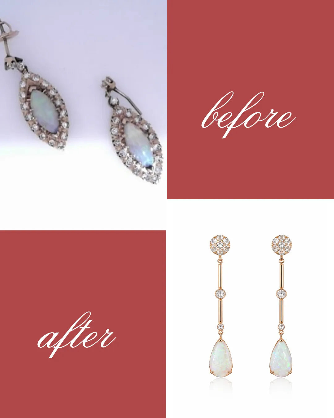  Vintage opal earrings, thoughtfully recut from marquise to pear shape and reimagined into stunning diamond drop earrings. George Press Jewelers Livingston, NJ