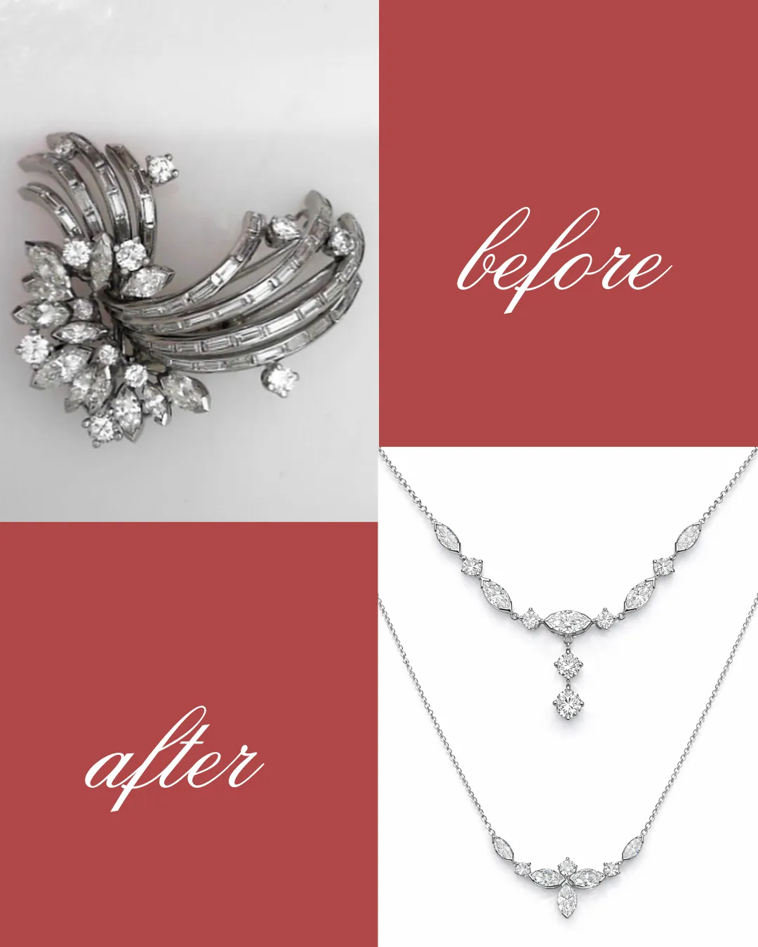  An heirloom brooch deconstructed and created two diamond necklaces. With leftover diamonds for future pieces.&nbsp; George Press Jewelers Livingston, NJ