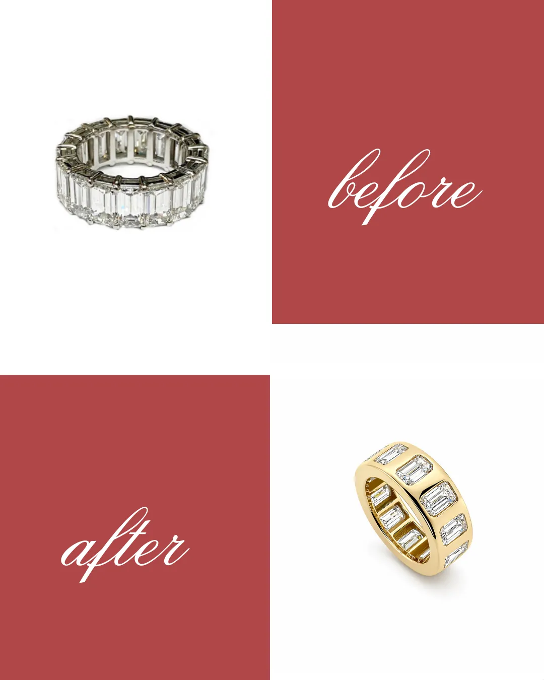  An original eternity band, thoughtfully recreated into a gorgeous statement gold ring featuring burnished emerald-cut diamonds. George Press Jewelers Livingston, NJ