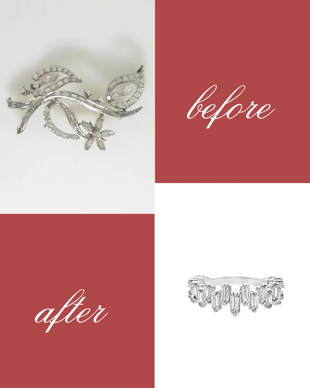  An heirloom brooch, beautifully redesigned into a stunning baguette diamond ring, ready to be worn and loved again. George Press Jewelers Livingston, NJ