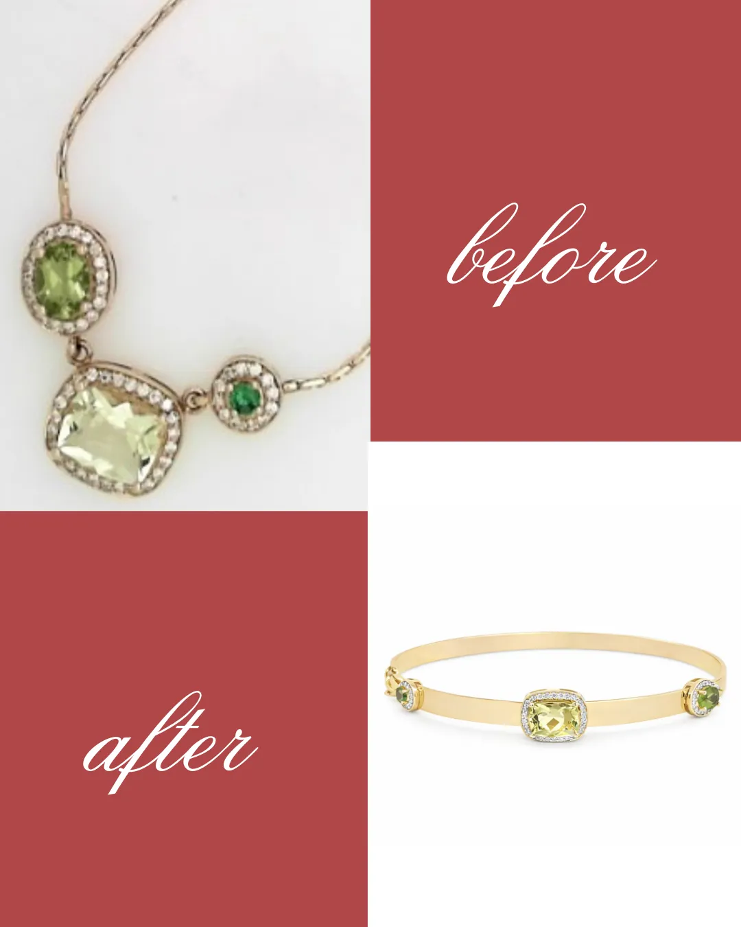  An outdated necklace, beautifully redesigned into a gorgeous bangle with colored green gemstones George Press Jewelers Livingston, NJ